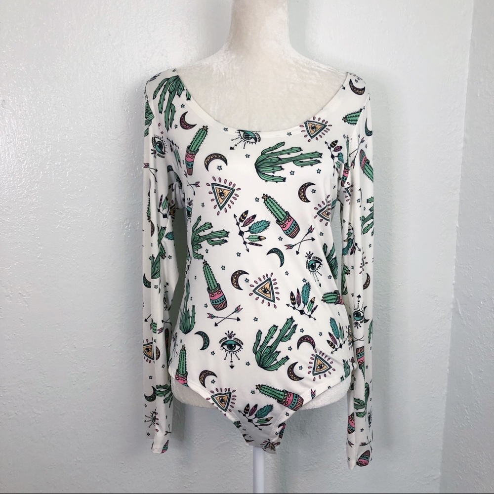 Hershe Cactus Tribal Print Long Sleeve Body Suit